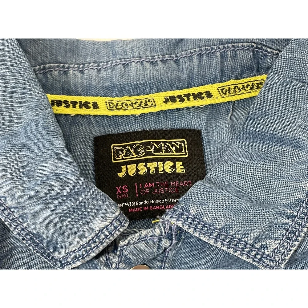 Justice Girls Pacman Denim Shirt Snap Closure‎ Short Sleeve Size XS Blue